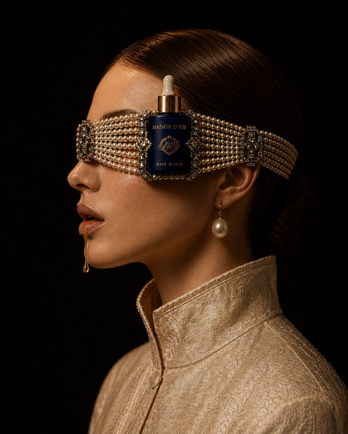 The MAISON D'VUE Hair Elixir framed in a pearl-and-diamond bandeau across the eyes of a figure in gilded brocade, a single drop of elixir falling like a tear — a surrealist composition for the maison's first composition, Vue 14, of fourteen rare botanical essences
