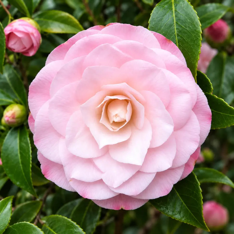 Pink camellia flower surrounded by deep green leaves